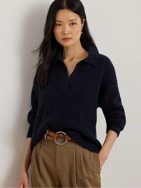 Lauren Ralph Lauren Navy Ribbed V-Neck Polo Sweater